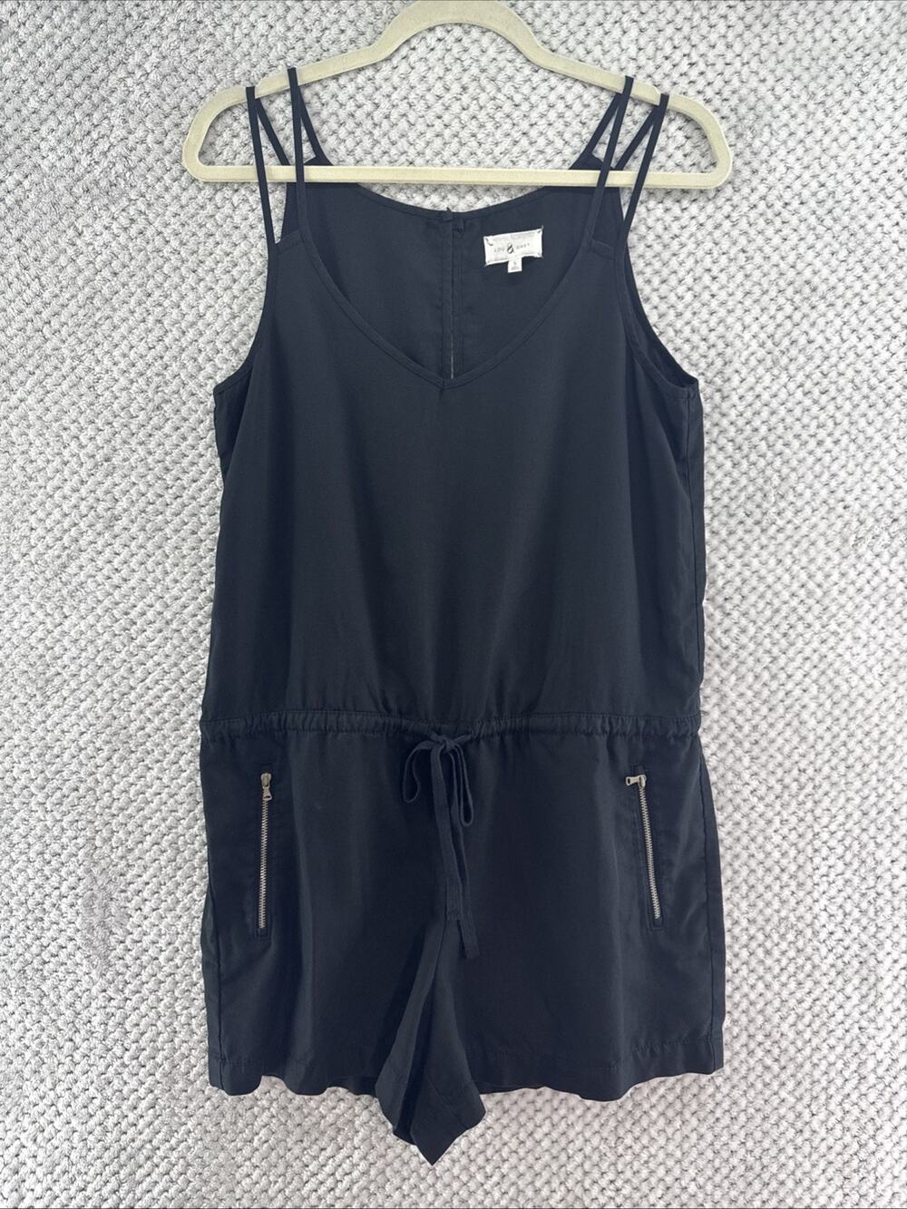 Lou & Grey Linen Romper Womens S Black Drawstring Waist V-Neck Zip Pockets 3" in